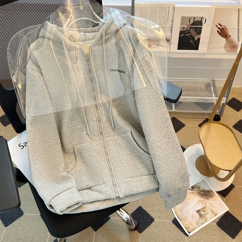 韩系加厚保暖字母刺绣拉链外套女2024年秋冬新款连帽休闲宽松卫衣