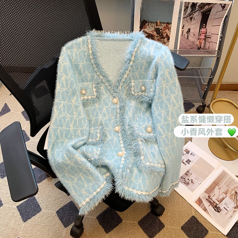 韩系高级感小香风蓝色开衫外套女秋季新款设计感小众洋气纯欲上衣