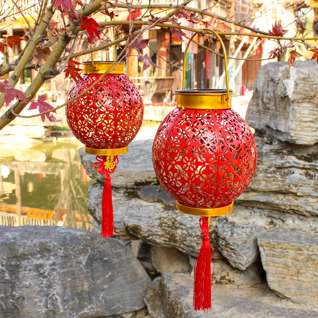春节铁艺太阳能红灯笼乔迁新居喜庆装饰灯户外庭院手提防水投影灯