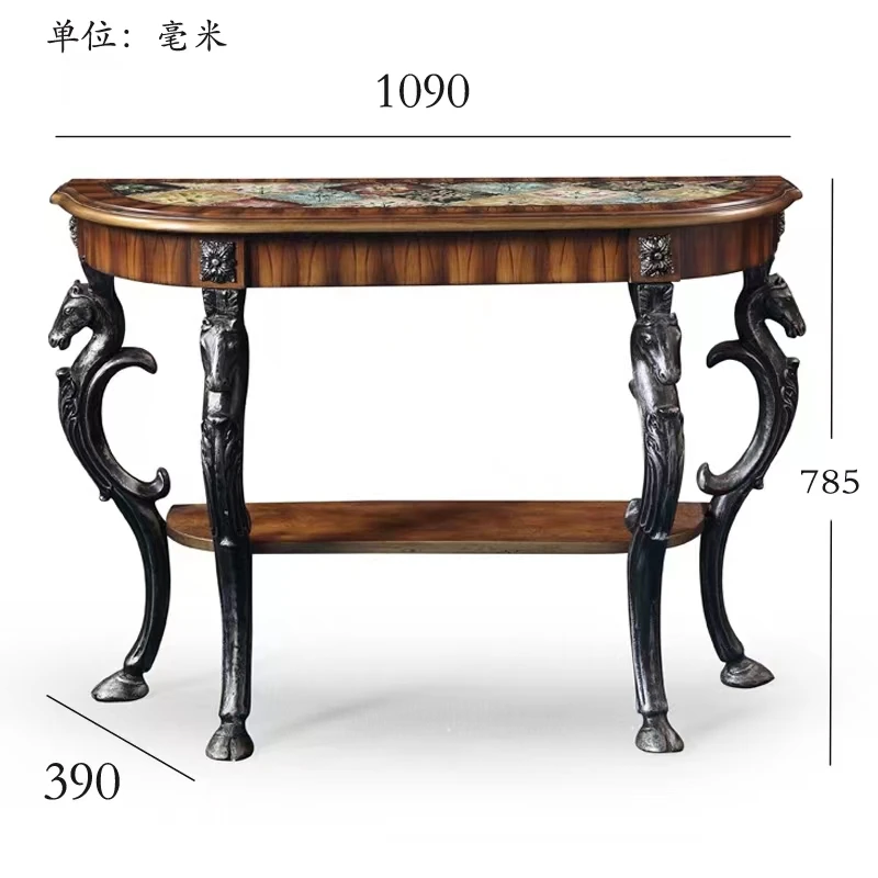 美式乡村家用客厅古典咖啡桌复古做旧雕花马头玄关