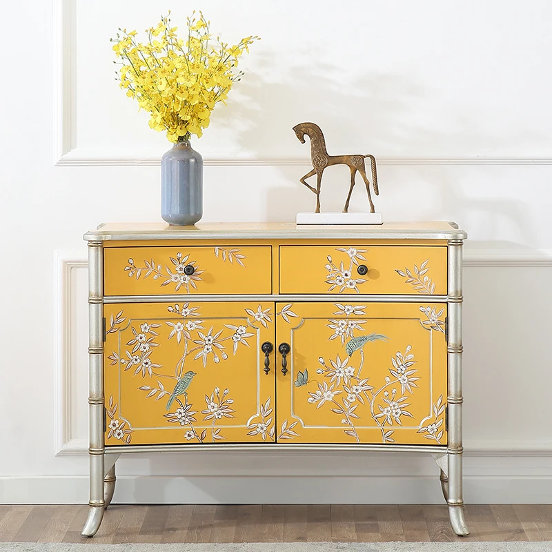 新中式客厅入户双门装饰柜美式轻奢彩绘收纳餐边柜2210