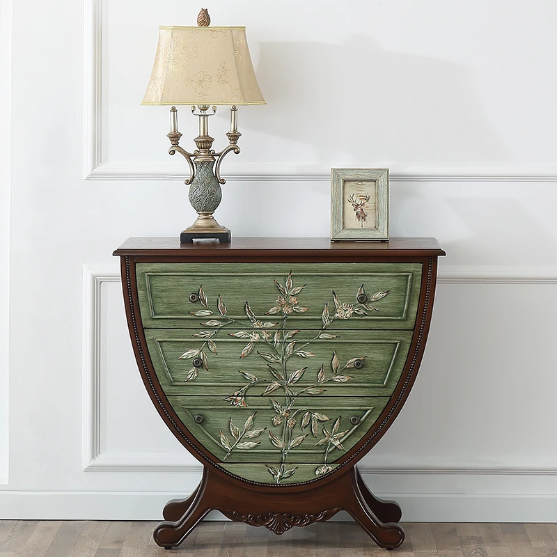 美式乡村门厅玄关柜客厅三斗装饰柜复古彩绘收纳柜11