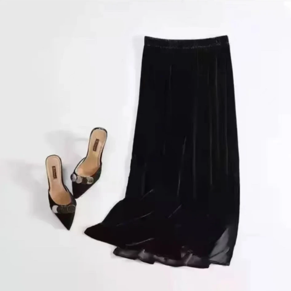 纯色丝绒显瘦开叉高腰百搭连休闲女士黑色半身裙鱼尾裙达人专属