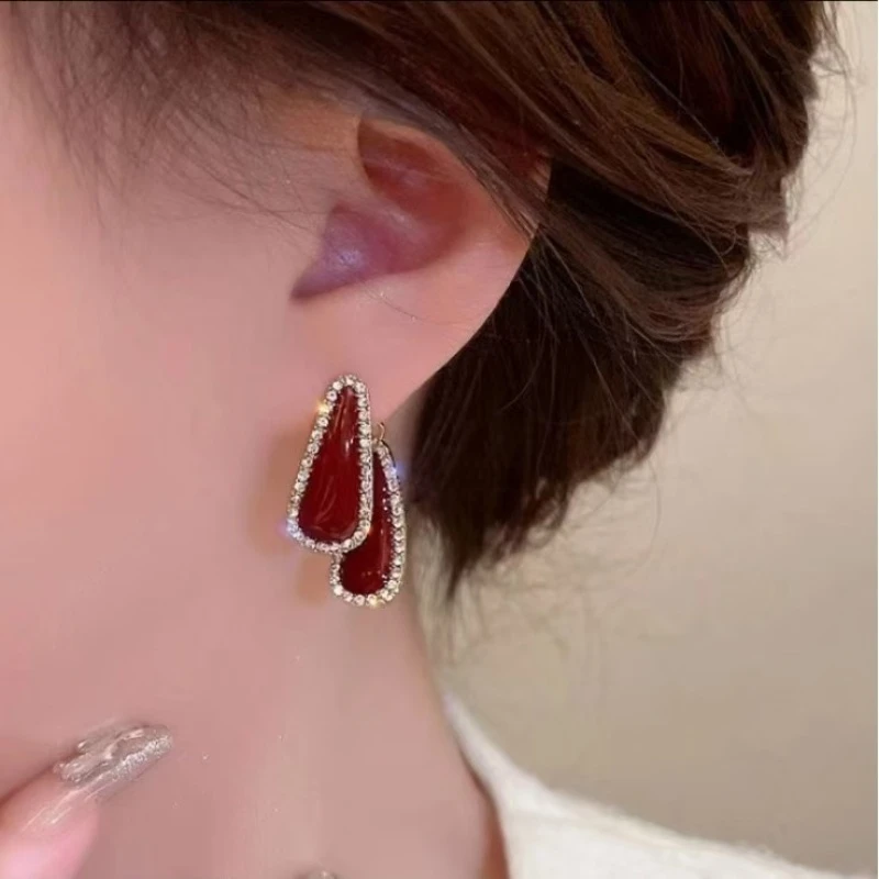 铜合金合成锆石耳饰 复古酒红两戴水滴耳环耳钉小众设计轻奢T32