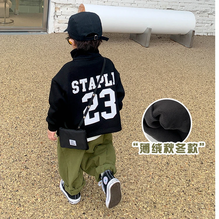 儿童外套2024新款棒球服薄绒黑色潮酷中小童宝宝男童外套秋冬款潮