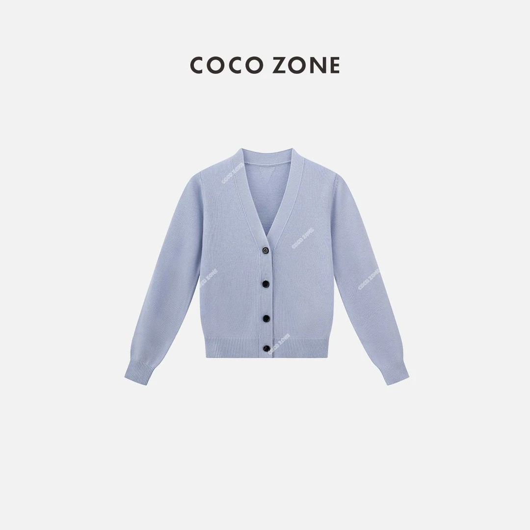 COCO ZONE 刘一一 100绵羊毛V领袖补丁款针织开衫 24C60084