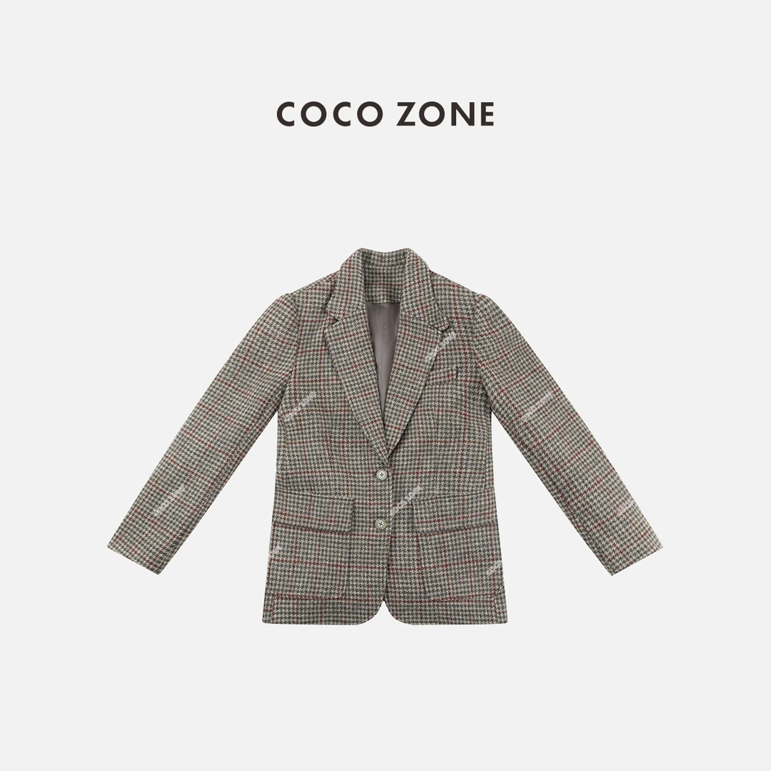 COCO ZONE 刘一一"千鸟格补丁"100绵羊毛翻领西装外套 CC1C2012