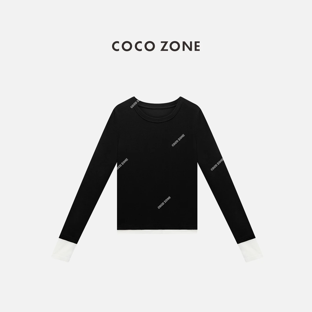 COCO ZONE 刘一一 100棉撞色长袖圆领T恤百搭上衣CC1C1546