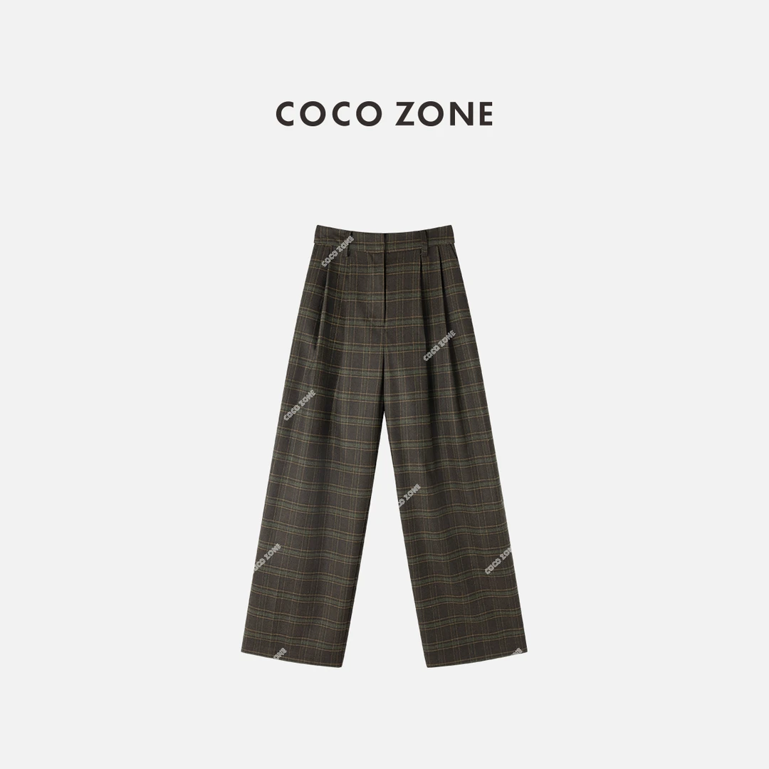 COCO ZONE 刘一一 时尚格纹女士西裤松紧腰撞色直筒裤CC1C2214