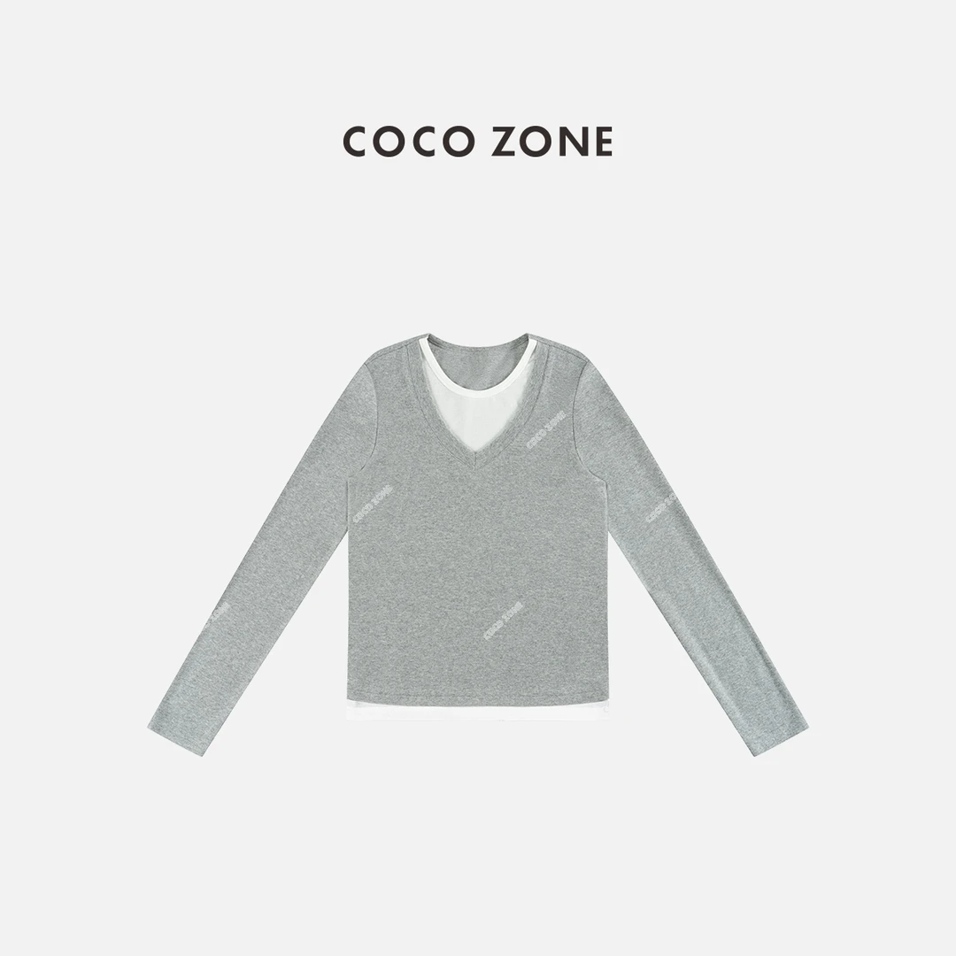 COCO ZONE 刘一一 秋季设计感假两件拼色休闲长袖T恤CC1D2692