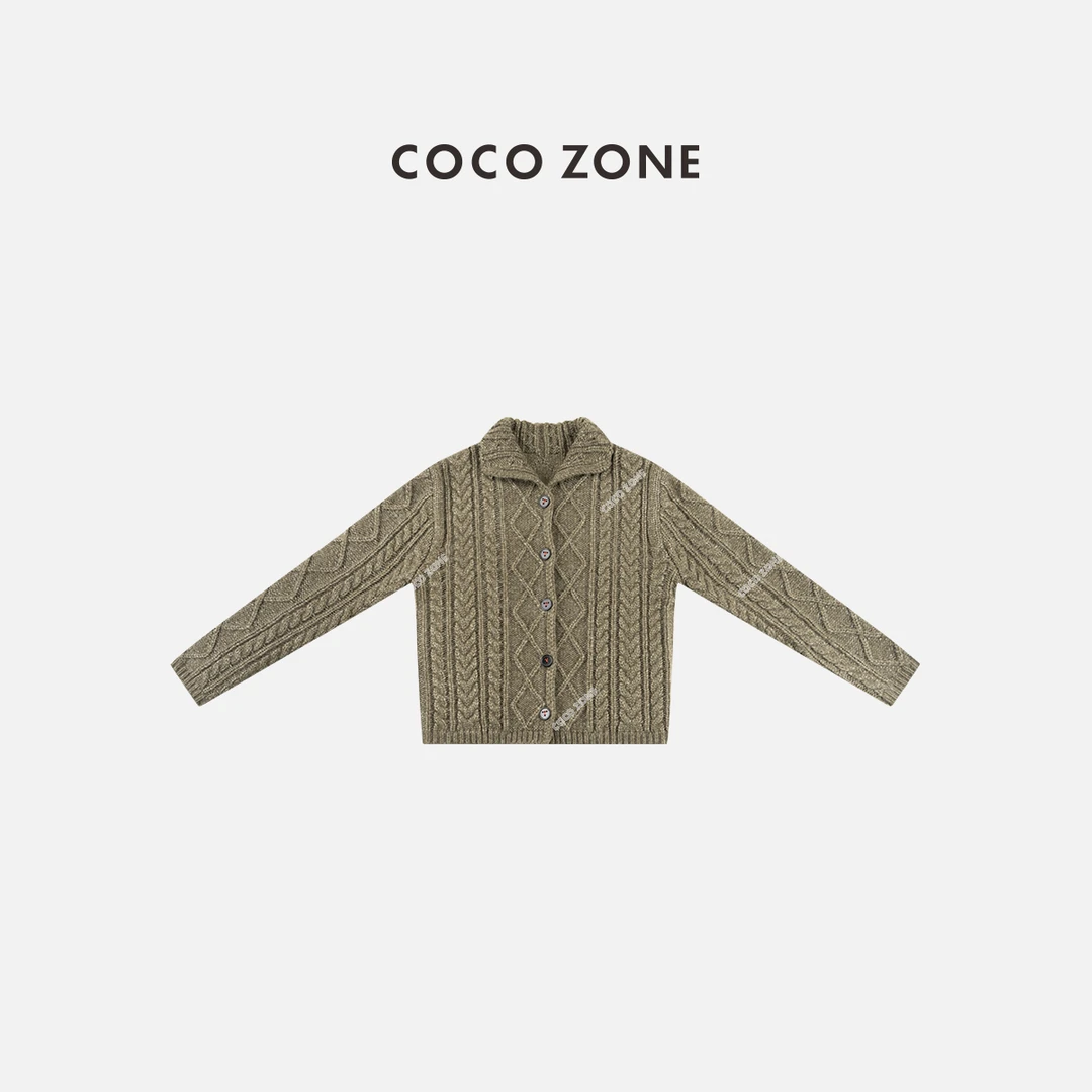 COCO ZONE 刘一一 绵羊毛羊驼毛混纺麻花翻领长袖针织衫CC1D2375