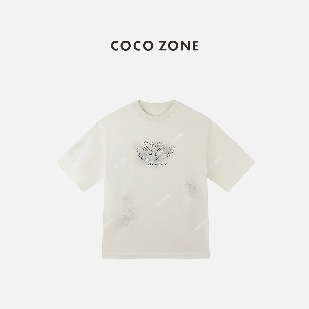 COCO ZONE 刘一一"七夕限定"双天鹅印花短袖衫圆领上衣 CC2C1692