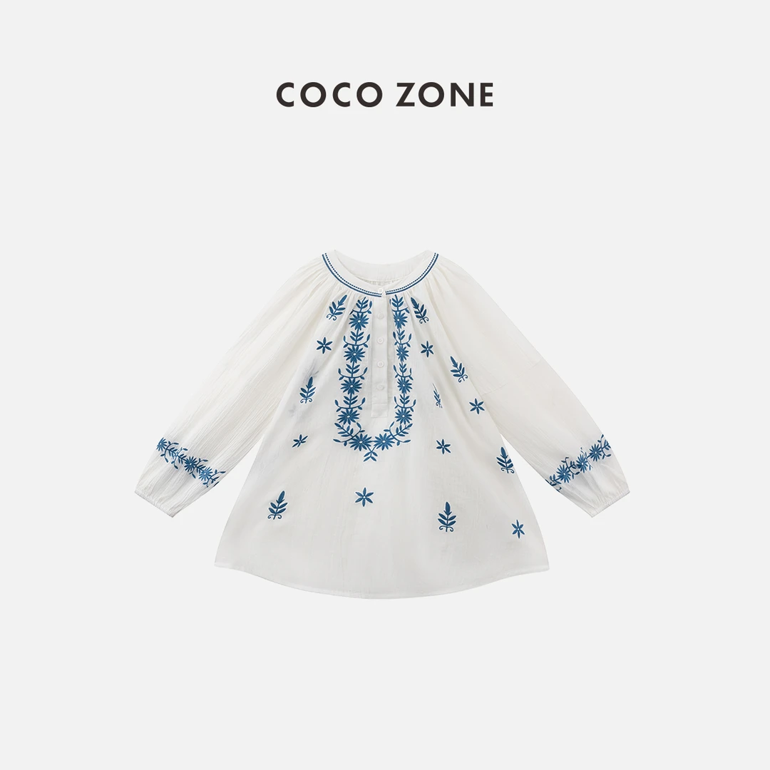 COCO ZONE 刘一一"阿米蓝"绣花套头设计感纽扣衬衫 CC1B0956