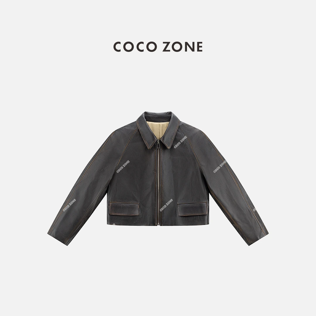 COCO ZONE 刘一一"山羊皮"复古polo领短款气质单排扣皮衣CC2C1450