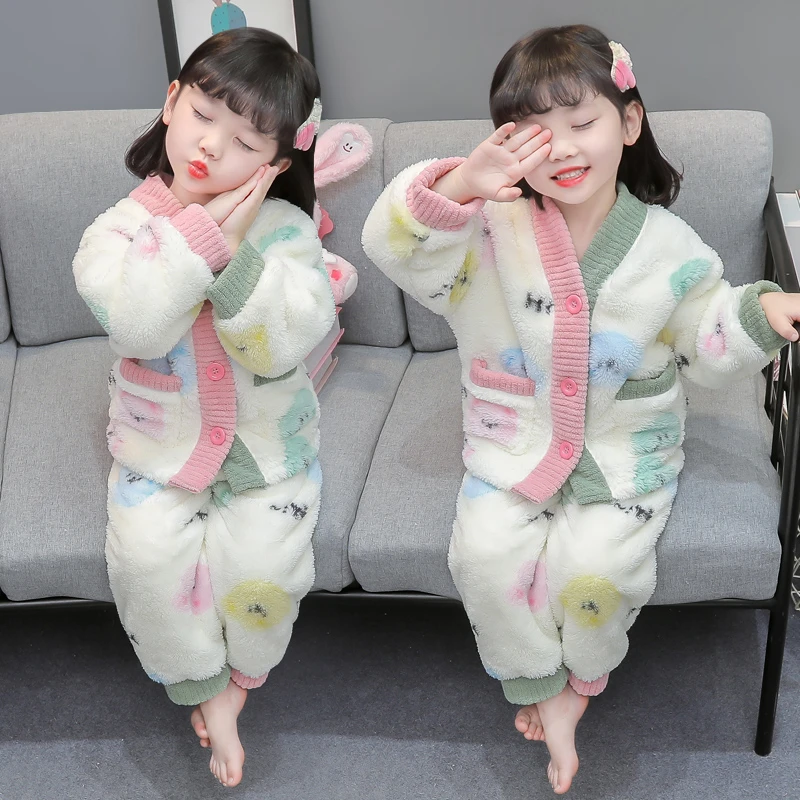 女童睡衣法兰绒秋冬季2024新款女孩宝宝加绒儿童冬款珊瑚绒家居服