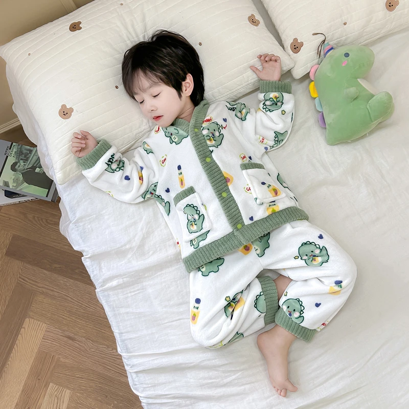 睡衣秋冬季法兰绒套装童装保暖加绒男宝宝中小童小男孩开衫家居服