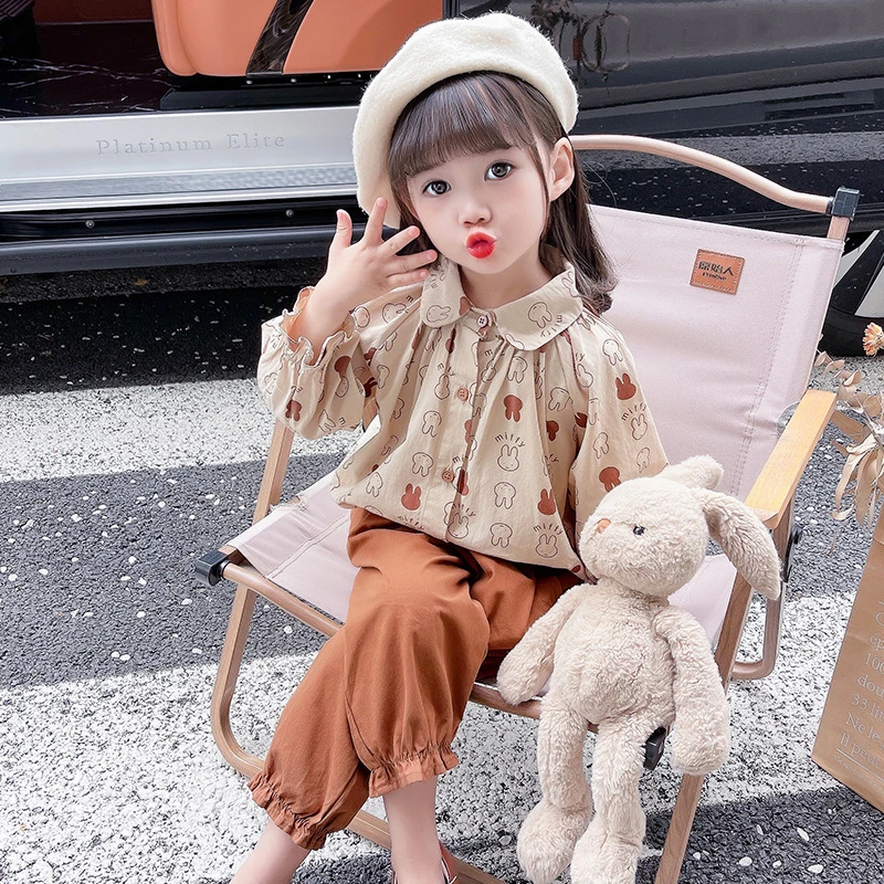 女童秋季兔子衬衫套装宝宝休闲长袖两件套薄款春秋装洋气儿童衣服