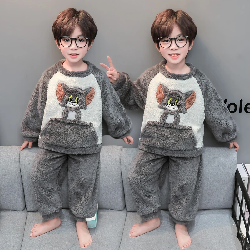 男童睡衣秋冬法兰绒加厚儿童卡通套头家居服套装男孩保暖珊瑚绒冬