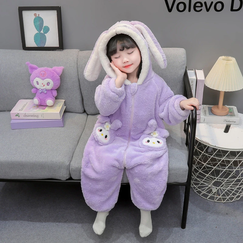 女童连体睡衣冬款女孩珊瑚绒连帽加绒加厚女宝宝冬季儿童连身睡袋