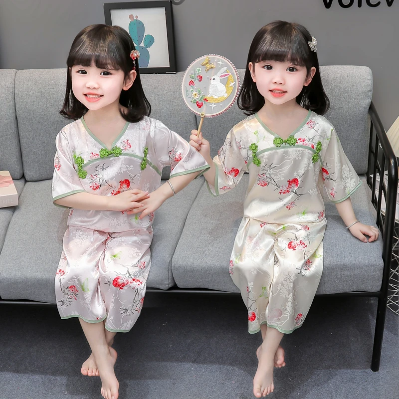 女童睡衣夏季冰丝盘扣薄款儿童家居服套装中国风女宝宝小女孩婴儿