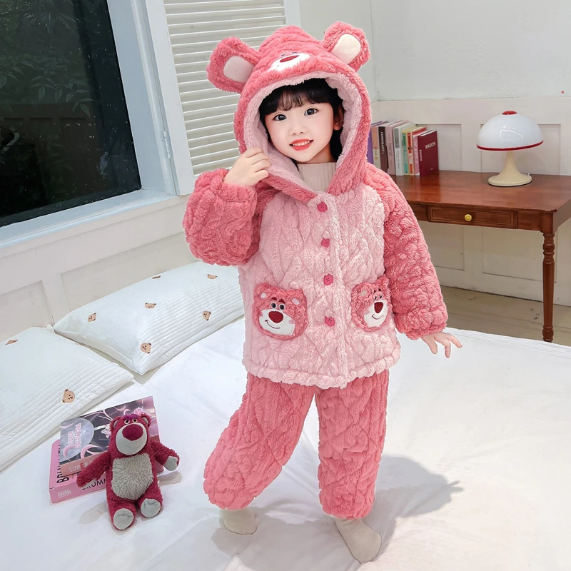 儿童睡衣珊瑚绒冬季加厚款女童三层夹棉加绒保暖女孩宝宝家居套装