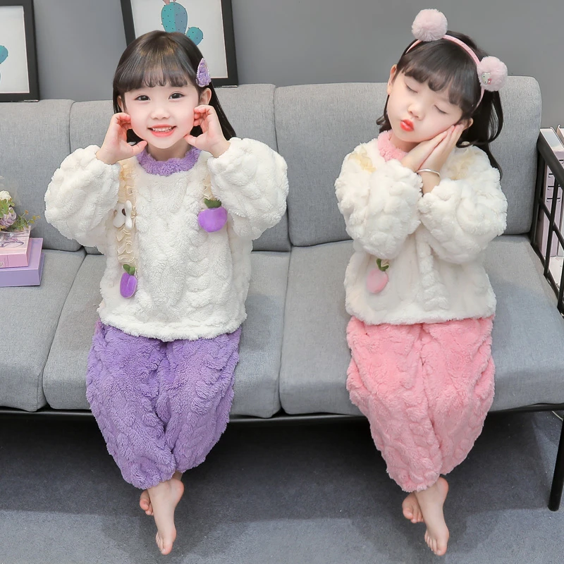 女童珊瑚绒睡衣秋冬2024新款加厚女宝宝冬装儿童法兰绒家居服套装