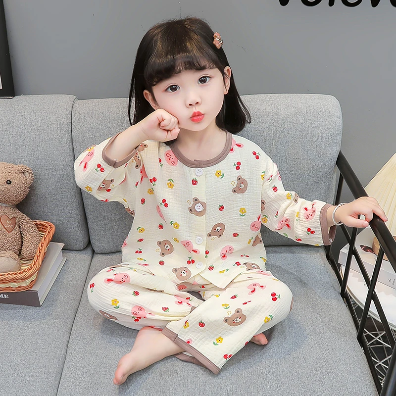 女童棉纱纯棉睡衣春秋长袖薄款2024新款女宝宝小童夏季家居空调服