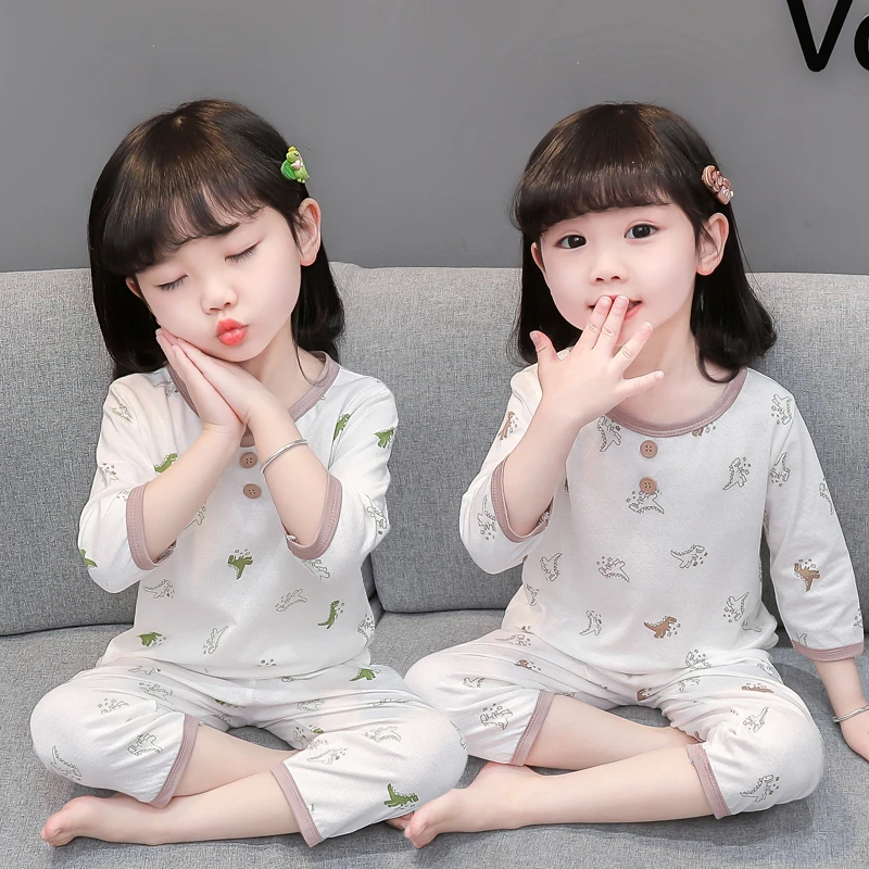 儿童睡衣纯棉夏季薄款女孩卡通分体空调家居服女童七分袖夏天套装