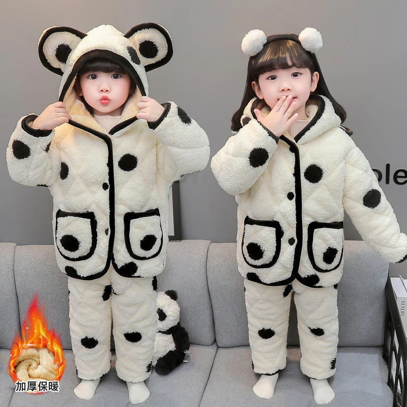 儿童睡衣秋冬季珊瑚绒女童三层夹棉加厚套装小童宝宝法兰绒家居服