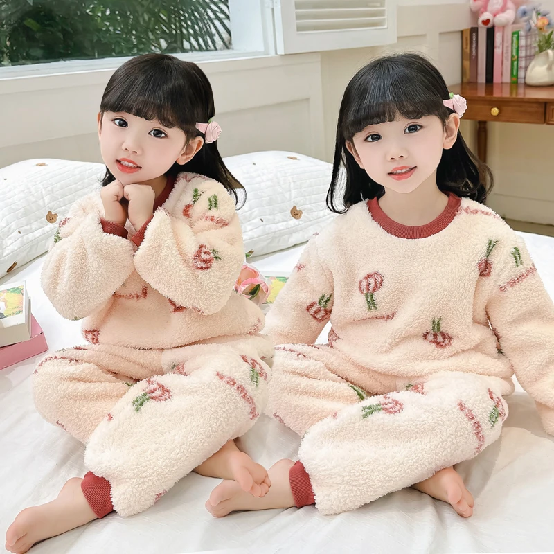 女童法兰绒睡衣秋冬加厚女孩宝宝保暖冬季女套头儿童珊瑚绒家居服