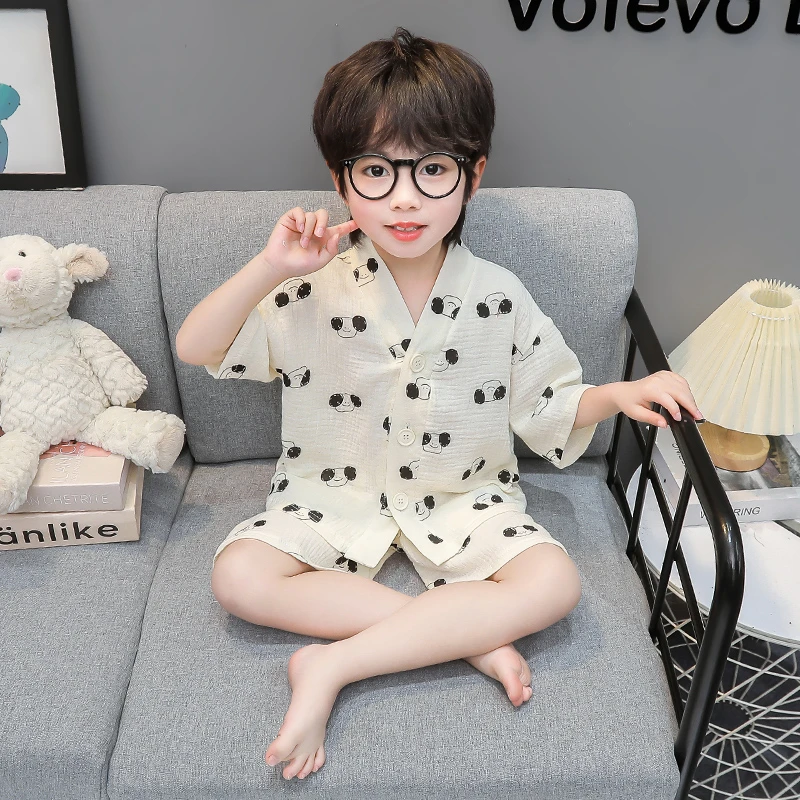 儿童装棉纱布睡衣男童夏季空调服男孩宝宝棉麻纱布家居服开衫套装