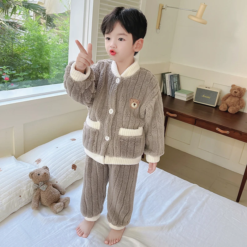 男童珊瑚绒睡衣秋冬季加厚男孩宝宝冬款开衫小童儿童法兰绒家居服