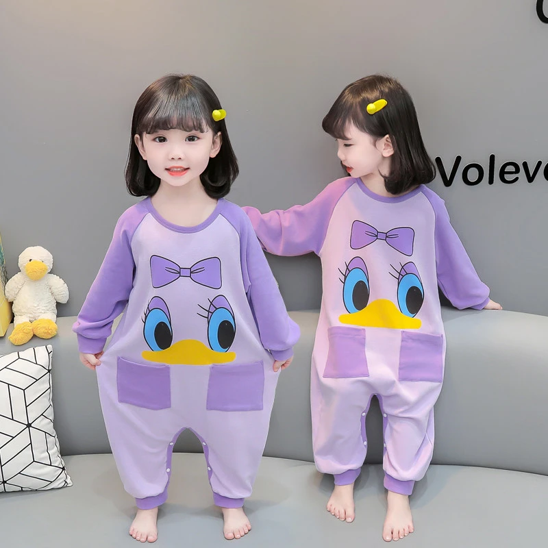 女童连体睡衣春秋季纯棉小女孩小宝宝防踢防着凉家居服卡通中小童