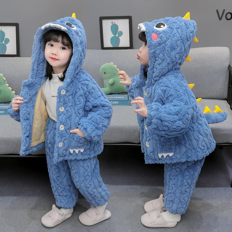 儿童睡衣2024新款冬女童三层夹棉法兰绒套装宝宝珊瑚绒家居服冬季