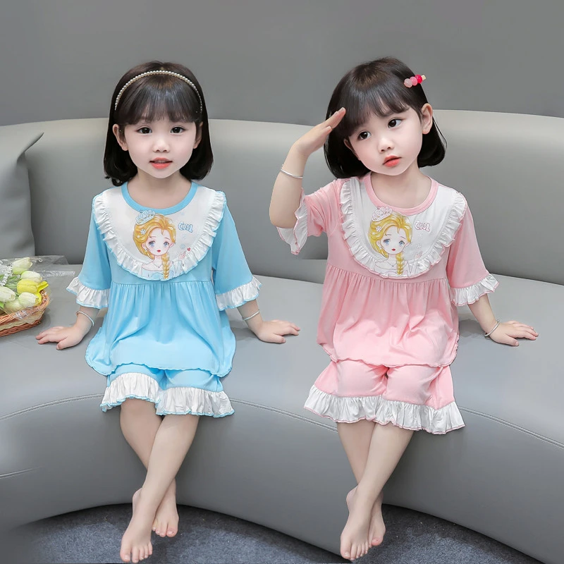 儿童睡衣女孩1女童莫代尔家居服3宝宝夏季短袖薄款空调服爱莎公主