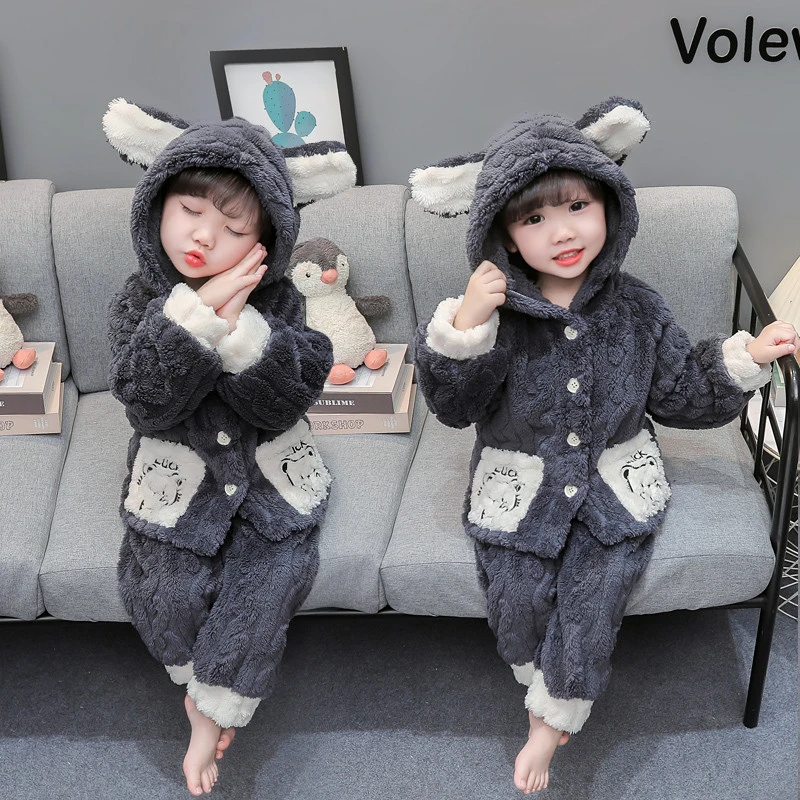 女童珊瑚绒睡衣秋冬连帽休闲韩版套装女童可爱熊连帽套装加绒加厚