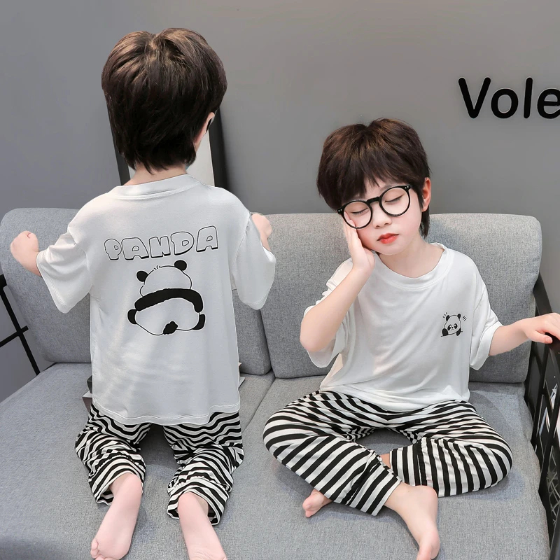 男童莫代尔睡衣夏季2024款男宝宝夏季短袖薄款熊猫家居服睡衣套装