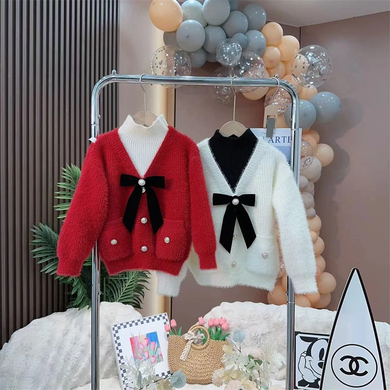 童装女童水貂绒假两件套毛线衣小香风女宝时髦针织衫加厚年货毛衣
