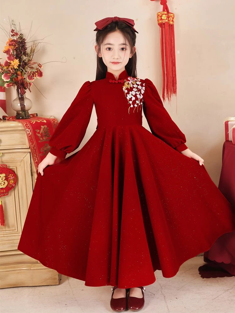 红色礼服女童高端公主裙冬季花童婚礼小女孩主持人儿童钢琴演出服