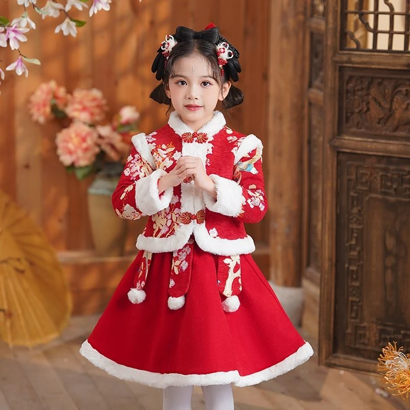 女童唐装汉服儿童装冬季过年衣服拜年服女孩冬款裙子女宝新年冬装