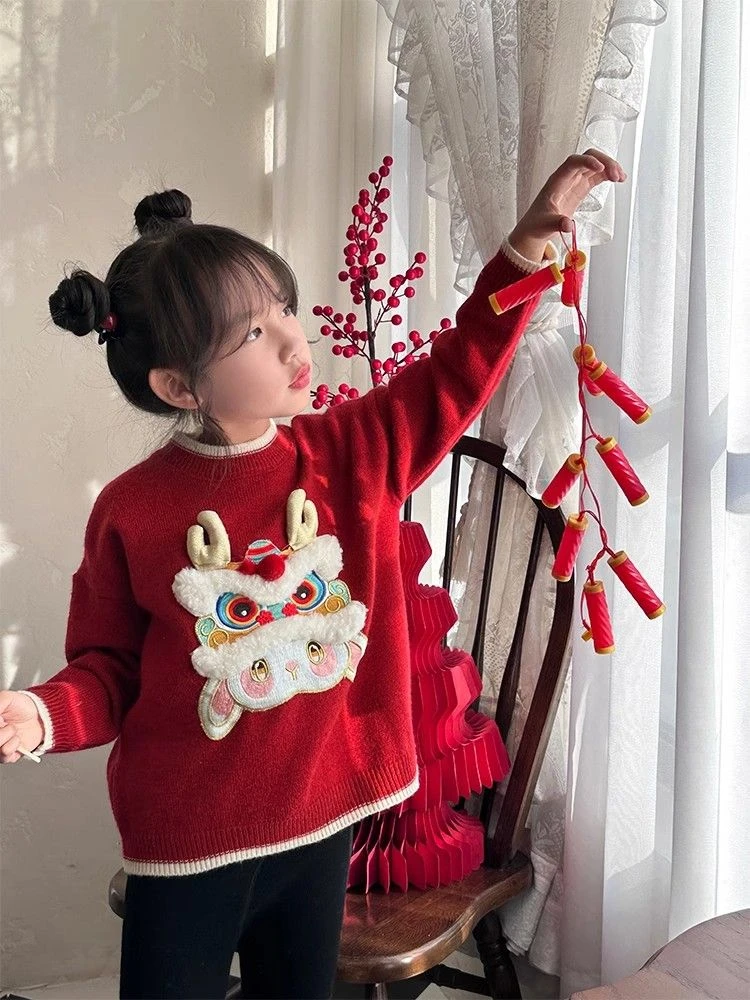 女童毛衣冬季新款龙年加厚儿童圣诞节针织打底衫宝宝红色新年上衣