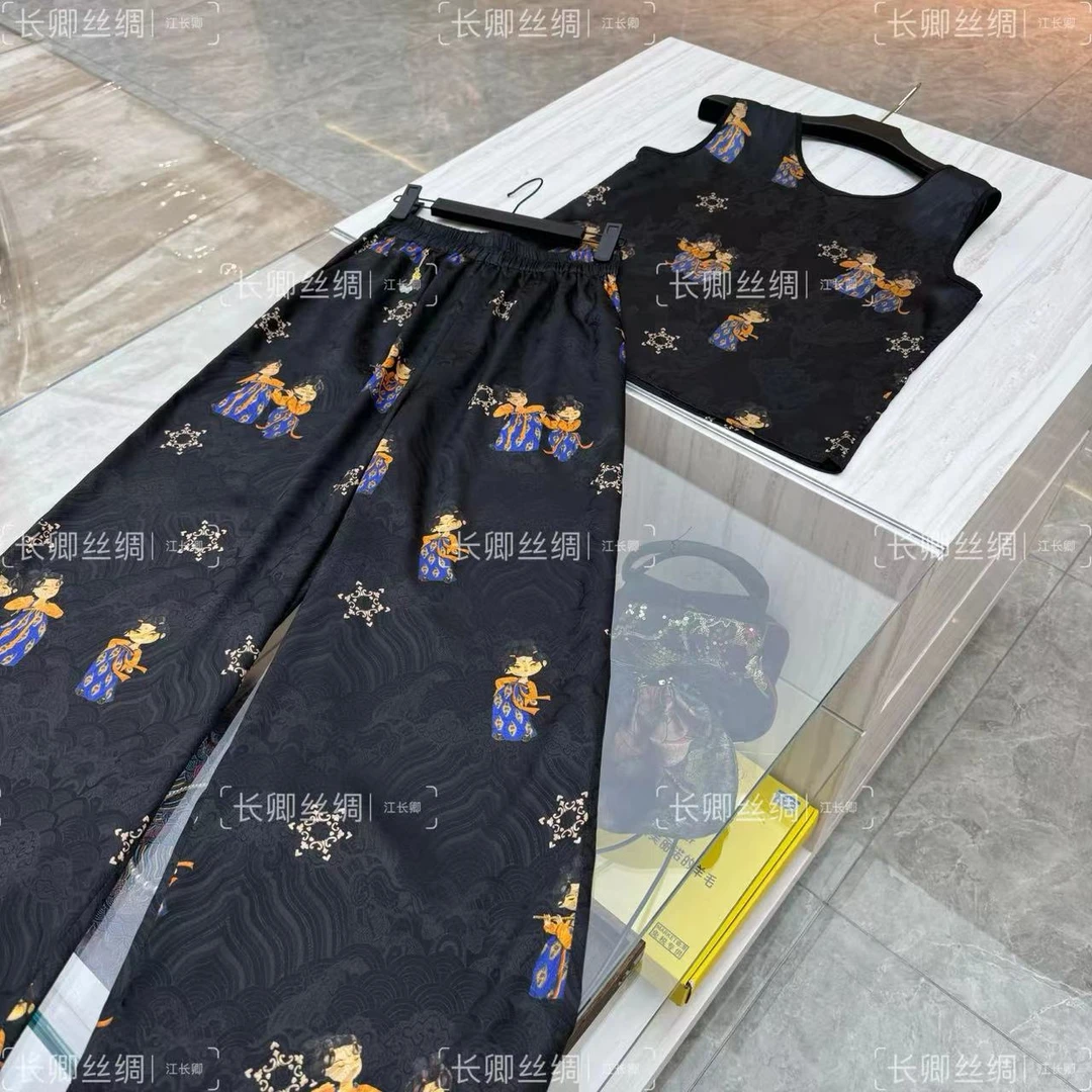 小糖人夏季通勤松紧腰直筒裤黑色宽松长裤套装 6014+111101