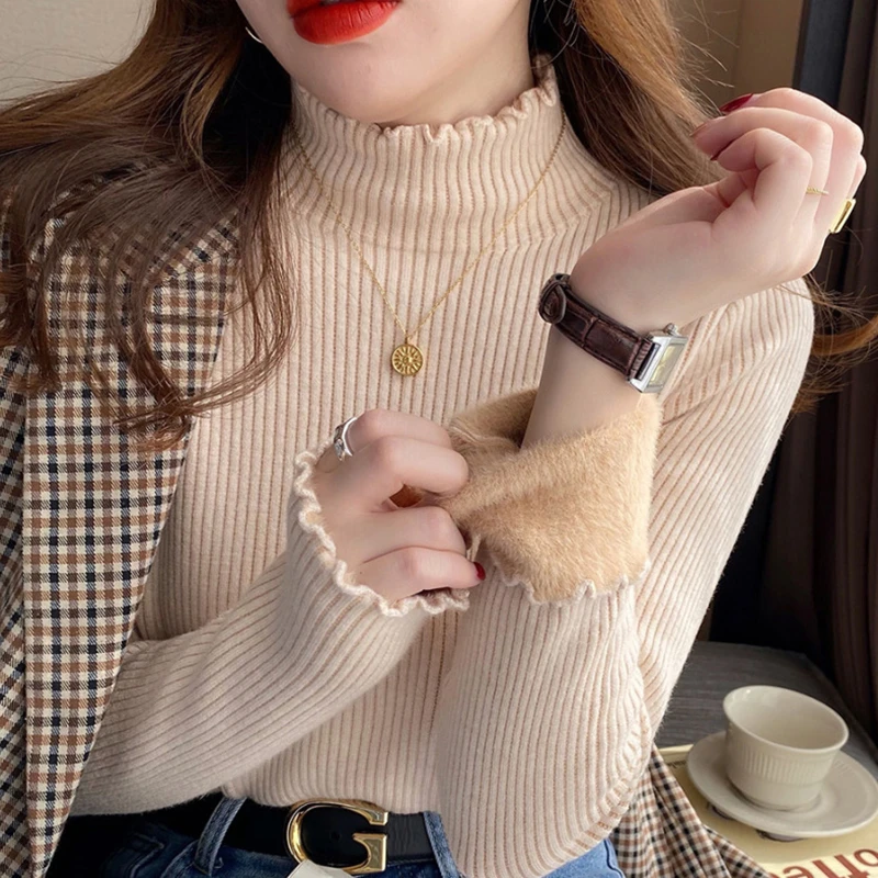 木耳边半高领女毛衣女加厚长袖针织衫冬季洋气设计感加绒打底衫