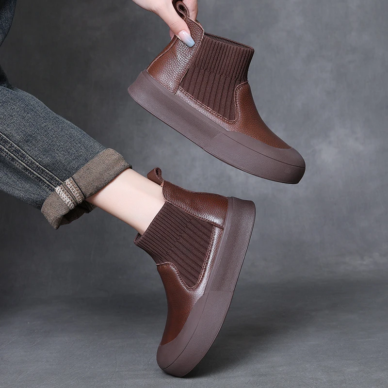 头层牛皮复古针织切尔西靴2024秋冬新款平底休闲短靴套脚圆头女靴