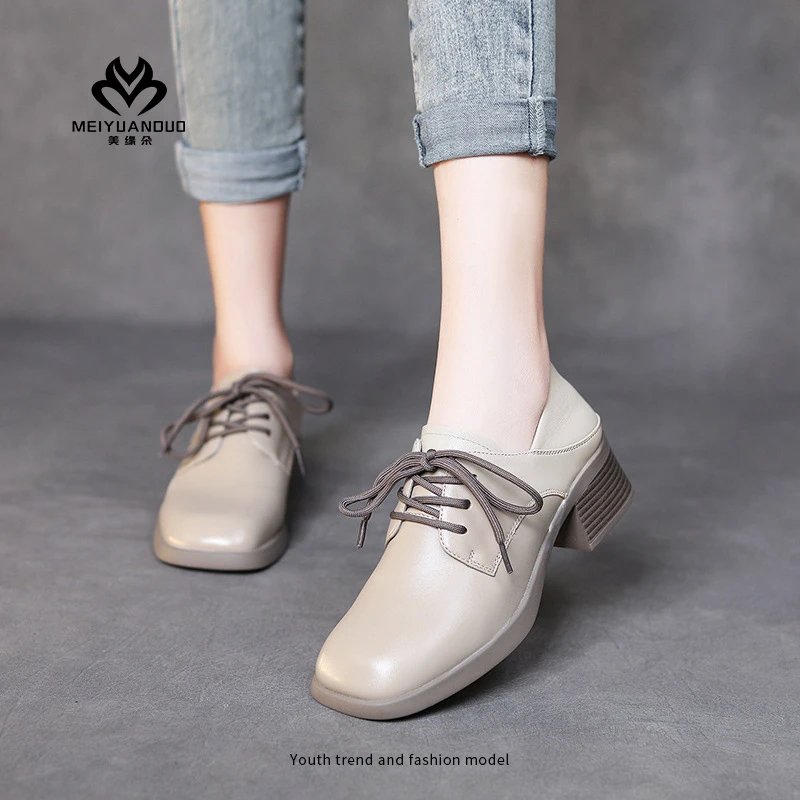 【美缘朵】羊皮英伦风时装小皮鞋女2024春秋款软皮踩脚懒人两穿系