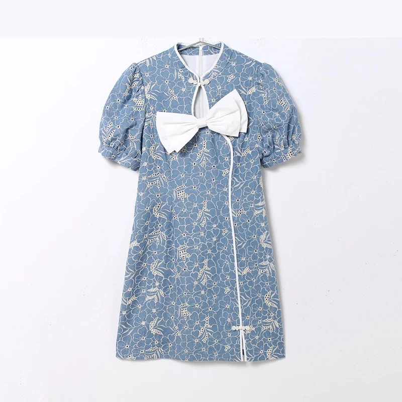 L587蝴蝶结国风绣花连衣裙