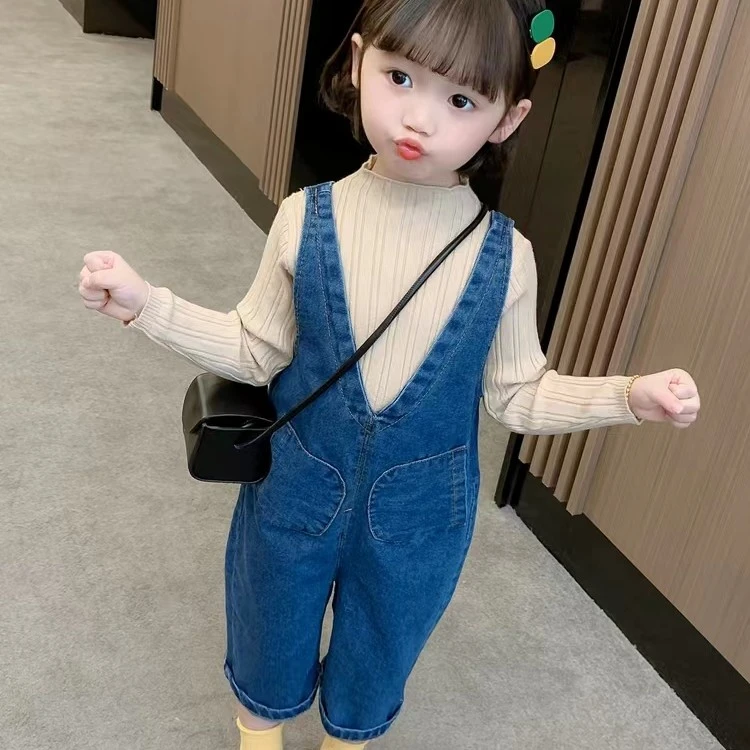 58320童装女童韩版牛仔背带裤宝宝纯色宽松长裤儿童裤子