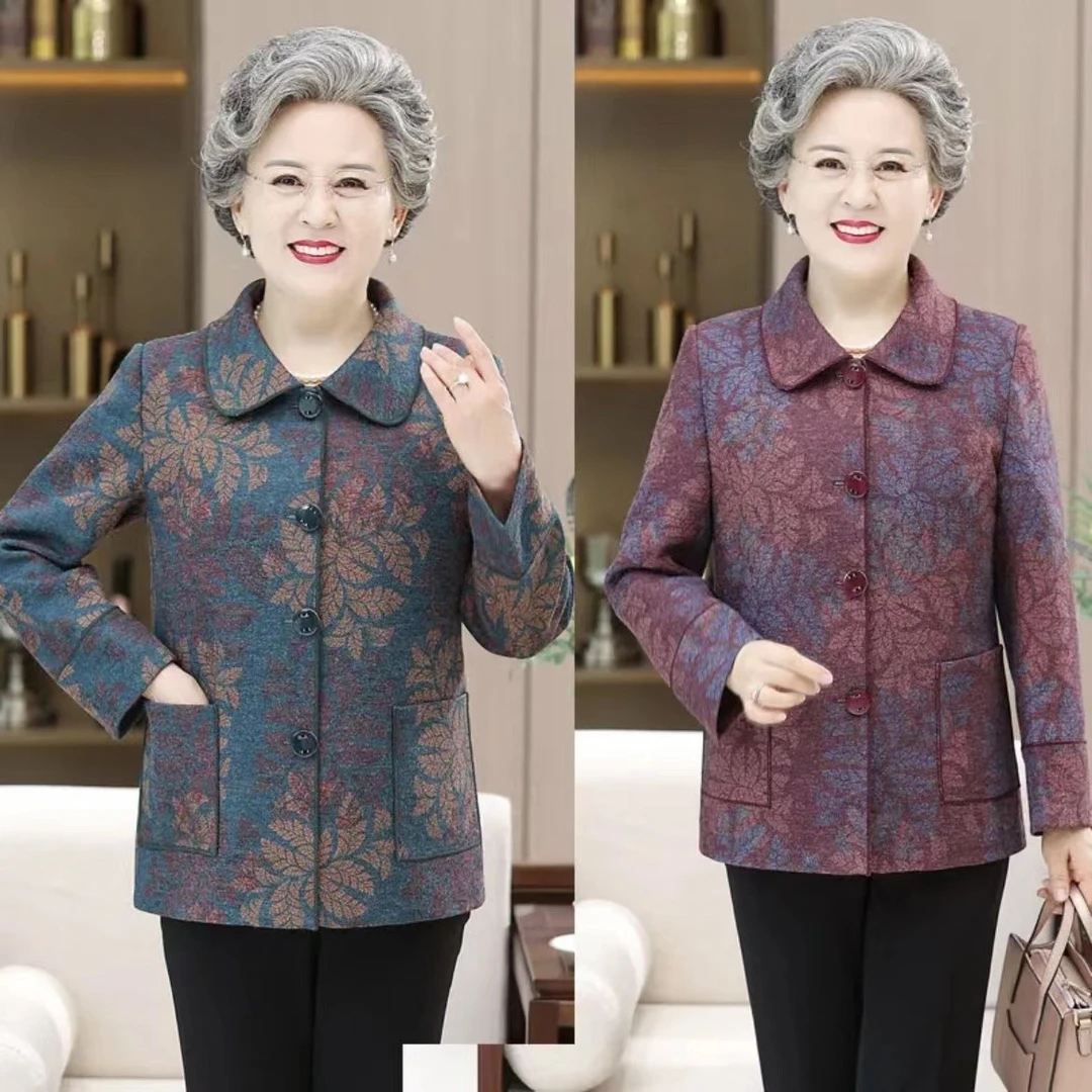 外套加绒洋气妈妈装50-60岁春秋装中老年奶奶装秋冬款翻领外套