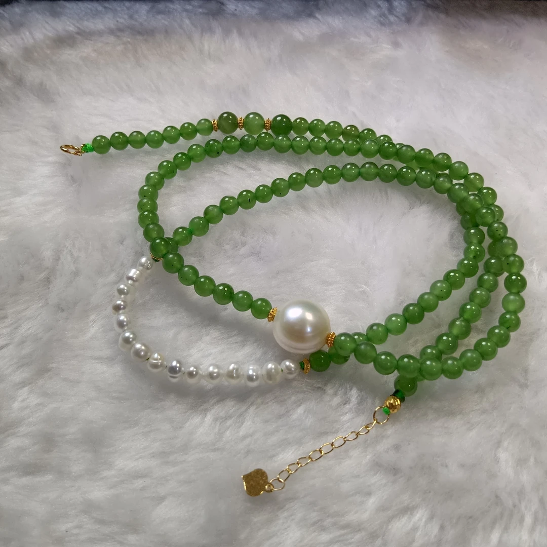 高奢精典4米和田玉碧玉18金镶嵌项链