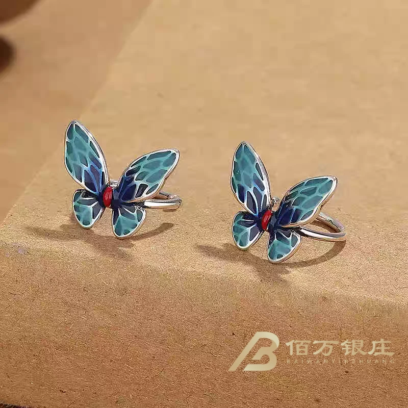 925银耳饰 【佰万银庄】S925烧蓝工艺蝴蝶耳骨夹百搭复古气质精致